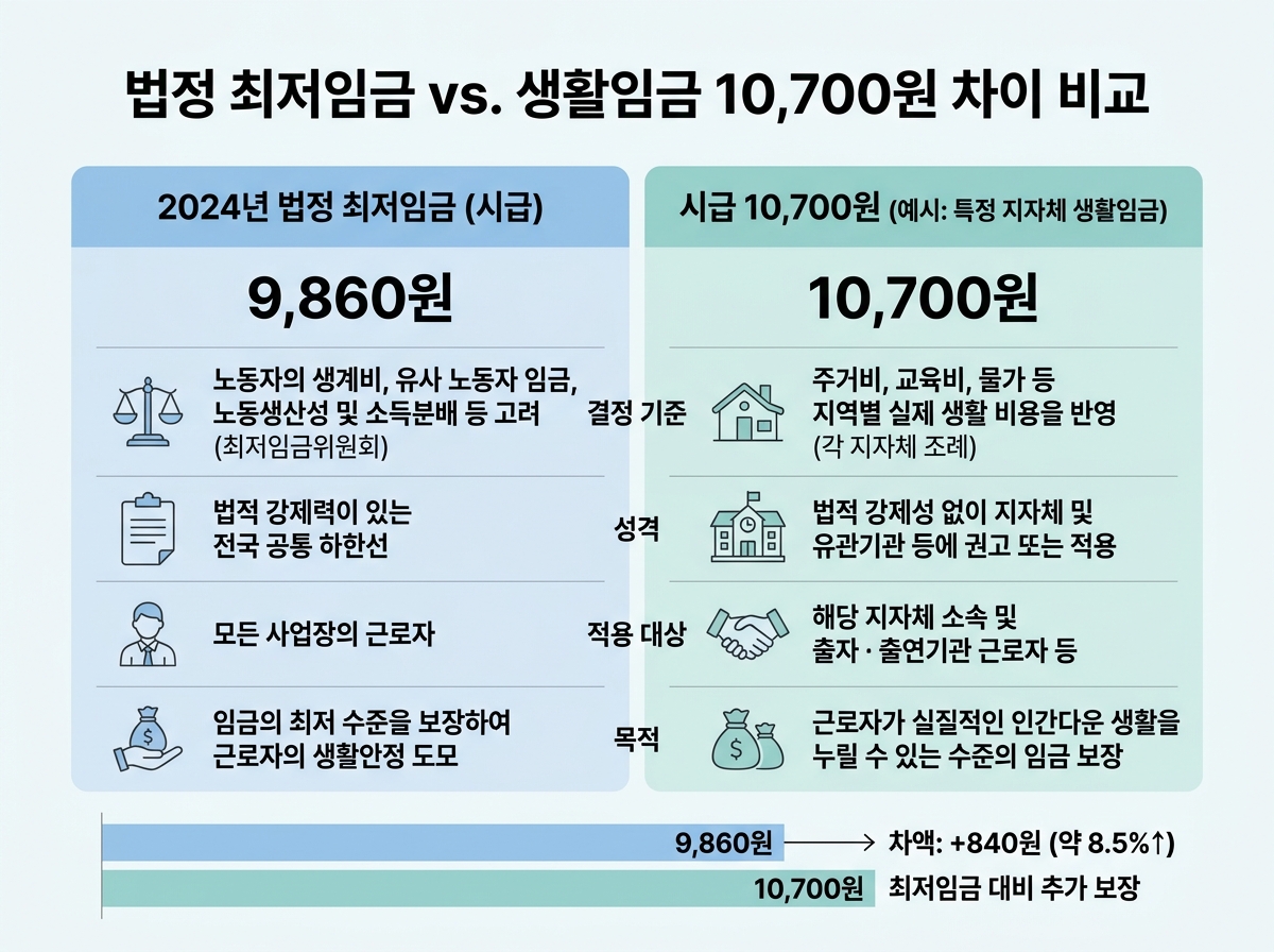 법정 최저임금과 생활임금 10,700원의 차이점 비교 설명 이미지
