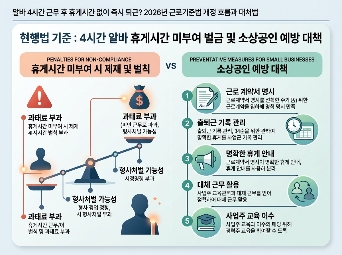 현행법 기준 4시간 알바 휴게시간 미부여 벌금 및 소상공인 예방 대책 설명 이미지