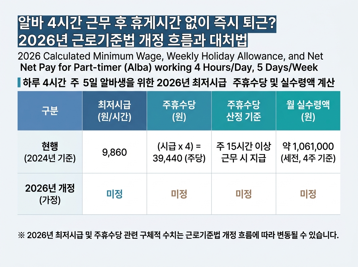 하루 4시간 주 5일 알바생을 위한 2026년 최저시급 주휴수당 및 실수령액 계산 설명 이미지