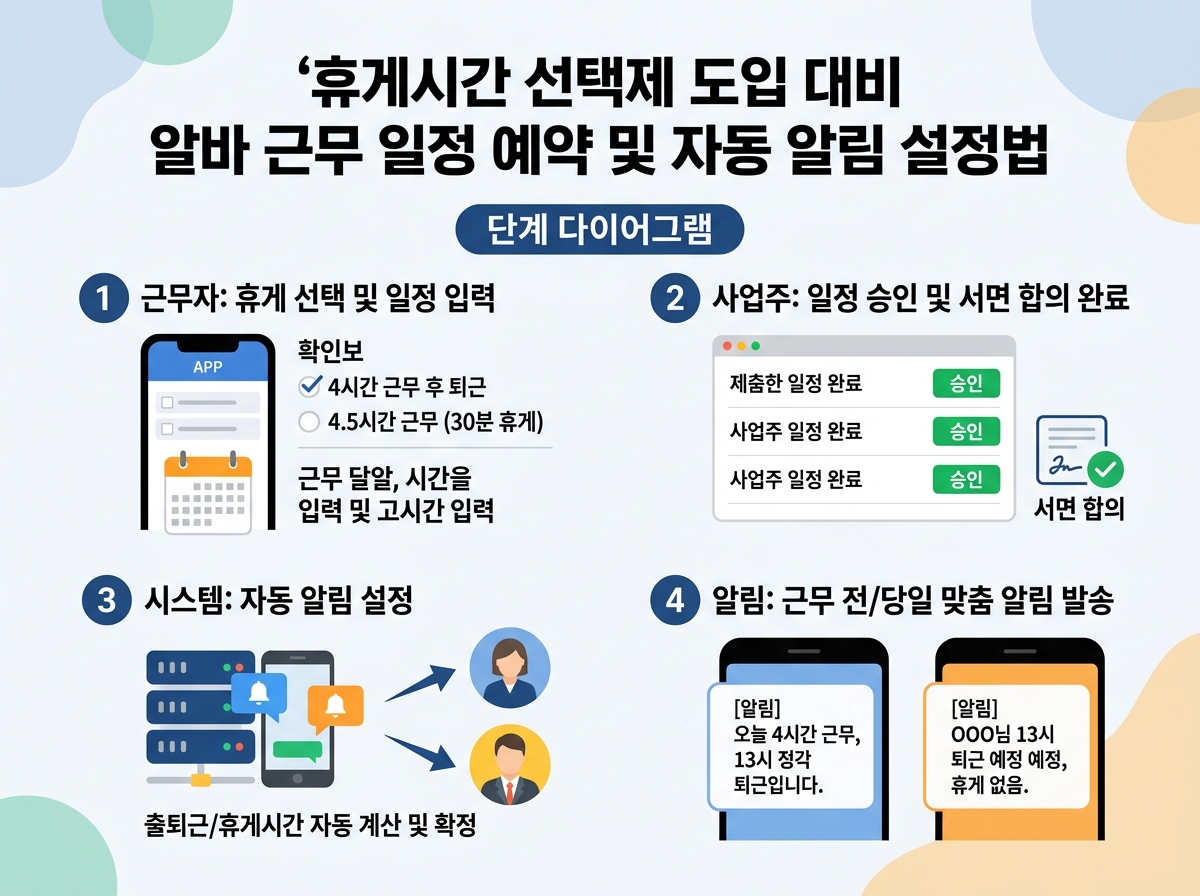 휴게시간 선택제 도입 대비 알바 근무 일정 예약 및 자동 알림 설정법 설명 이미지