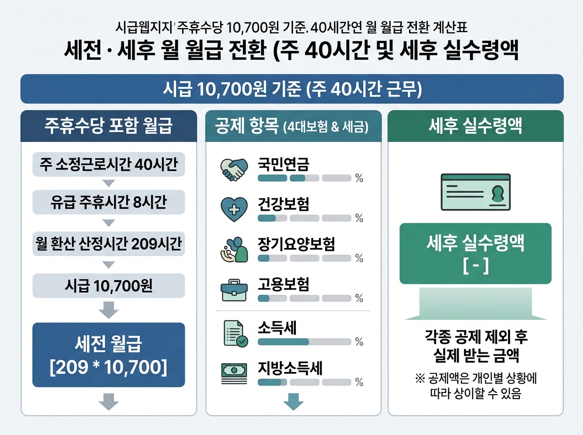 주 40시간 근무 기준 세전·세후 월급 환산 및 실수령액 설명 이미지