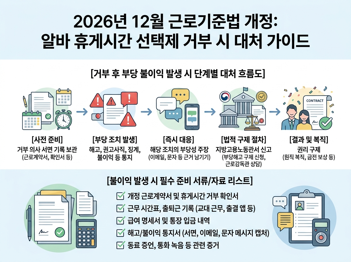 2026년 12월 근로기준법 개정 알바 휴게시간 선택제 거부 시 해고 불이익 대처 설명 이미지