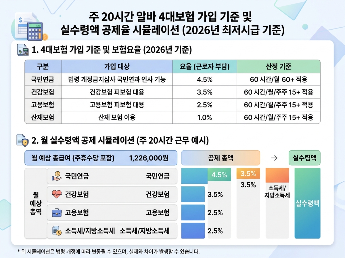 주 20시간 알바 4대보험 가입 기준 및 실수령액 공제율 시뮬레이션 설명 이미지