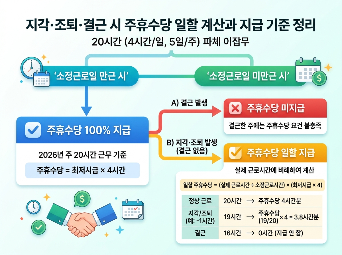 지각·조퇴·결근 시 주휴수당 일할 계산과 지급 기준 정리 설명 이미지