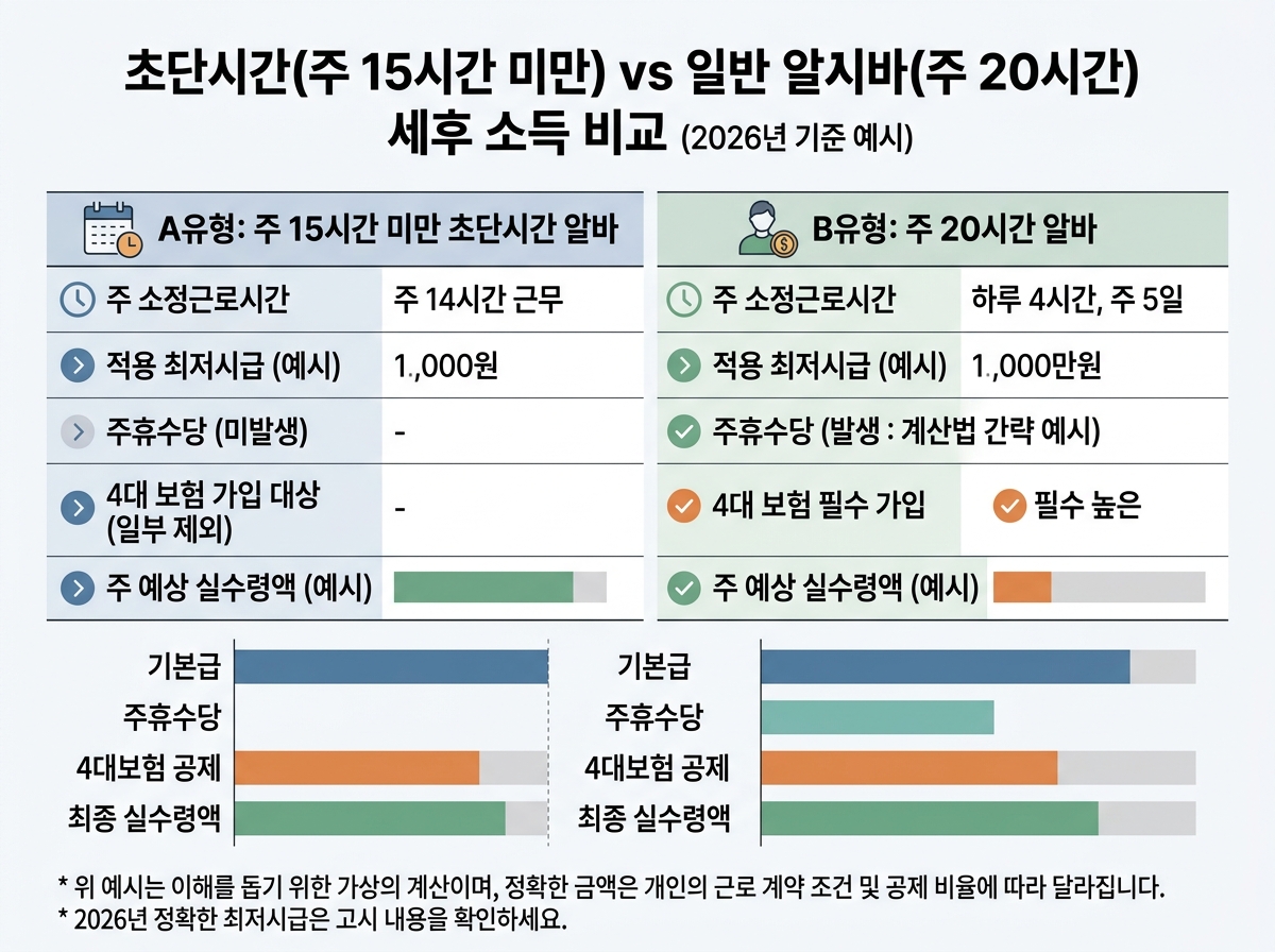 주 15시간 미만 초단시간 알바 vs 주 20시간 알바 세후 소득 비교 설명 이미지