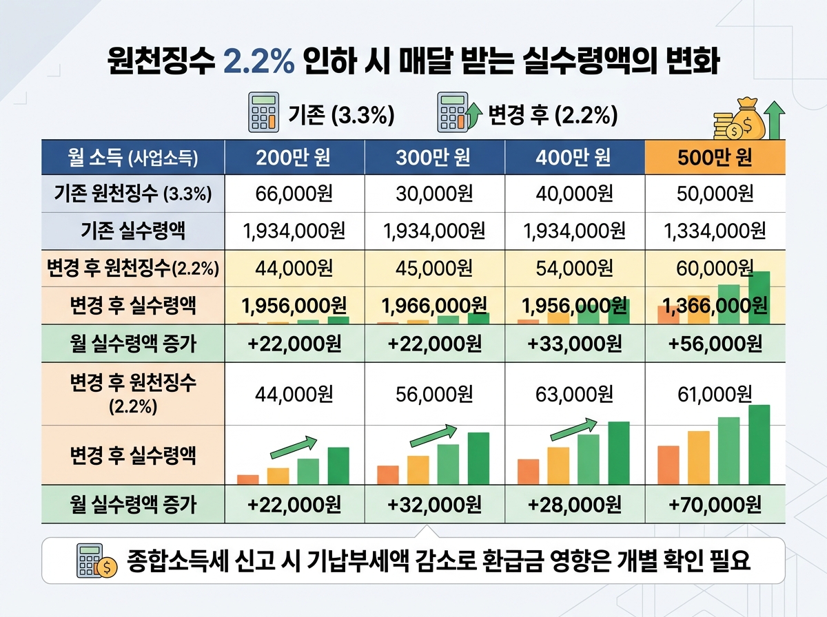 원천징수 2.2% 인하 시 매달 받는 실수령액의 변화 설명 이미지