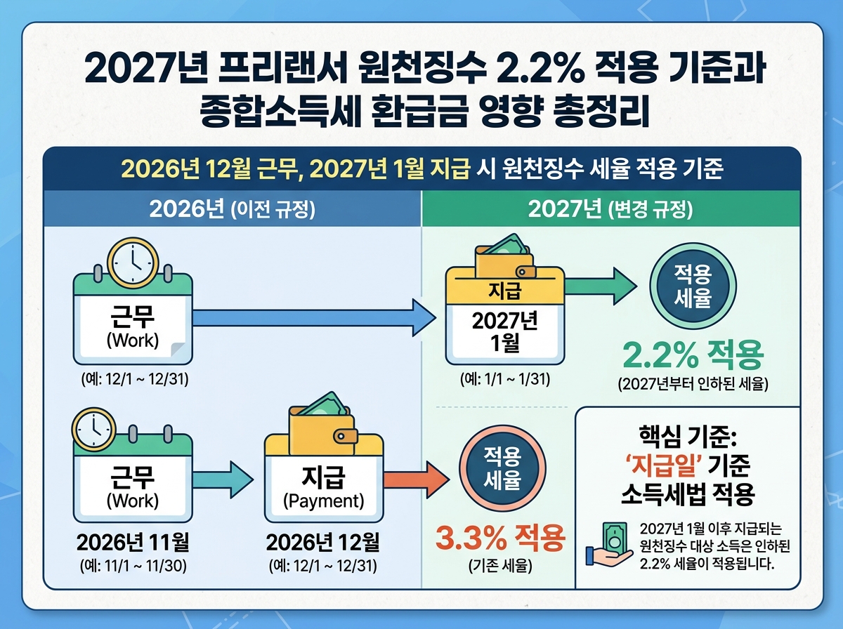 2026년 12월 근무, 2027년 1월 지급 시 원천징수 세율 적용 기준 설명 이미지