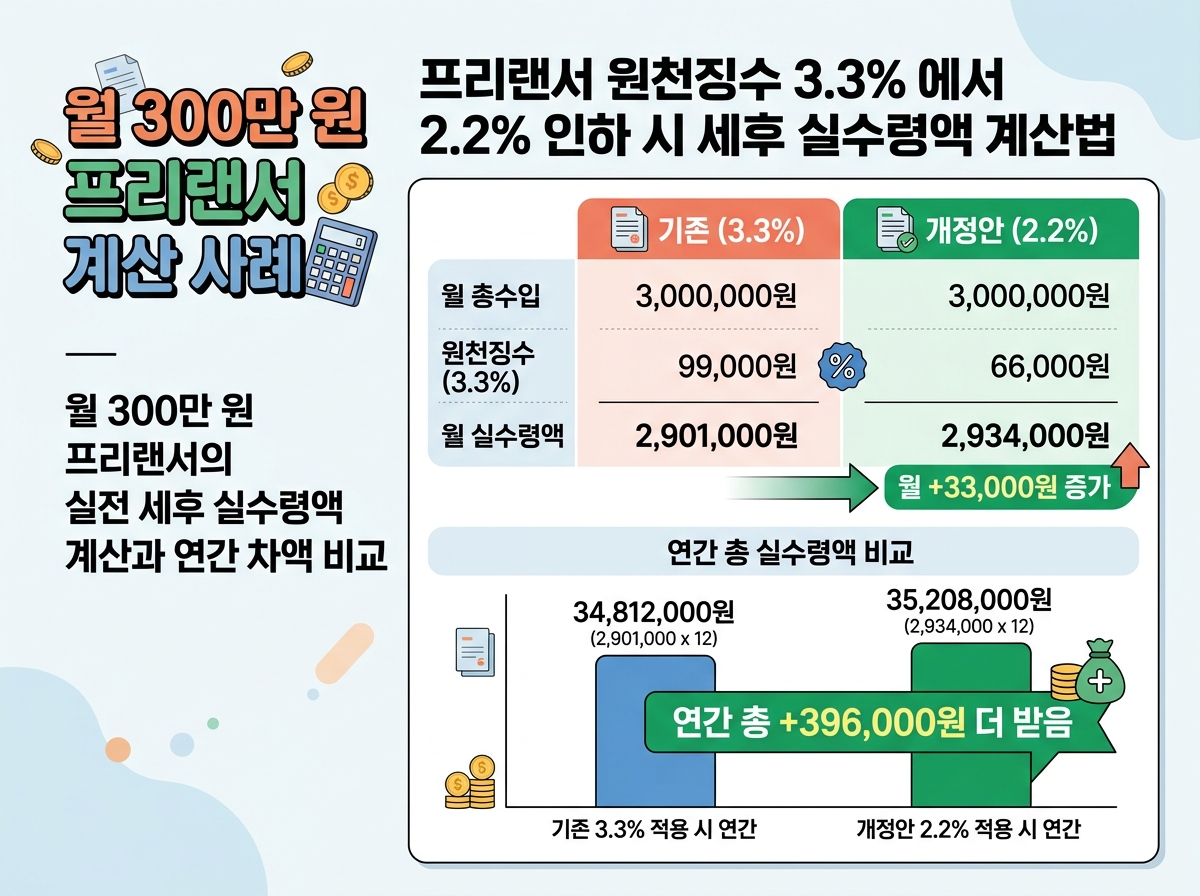 월 300만 원 프리랜서의 실전 세후 실수령액 계산과 연간 차액 비교 설명 이미지