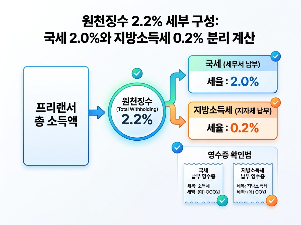 원천징수 2.2% 세부 구성: 국세 2.0%와 지방소득세 0.2% 분리 계산과 영수증 확인법 설명 이미지