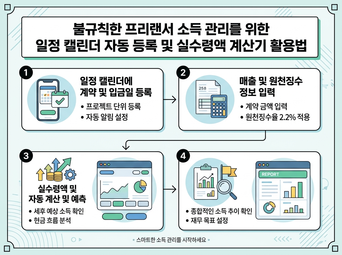 불규칙한 프리랜서 소득 관리를 위한 일정 캘린더 자동 등록 및 실수령액 계산기 활용법 설명 이미지