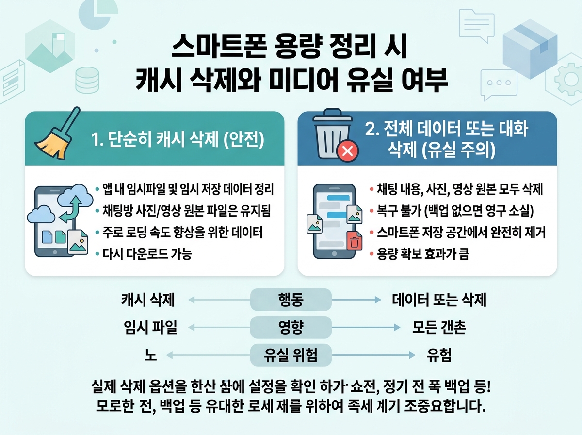 스마트폰 용량 정리 시 캐시 삭제와 미디어 유실 여부 설명 이미지