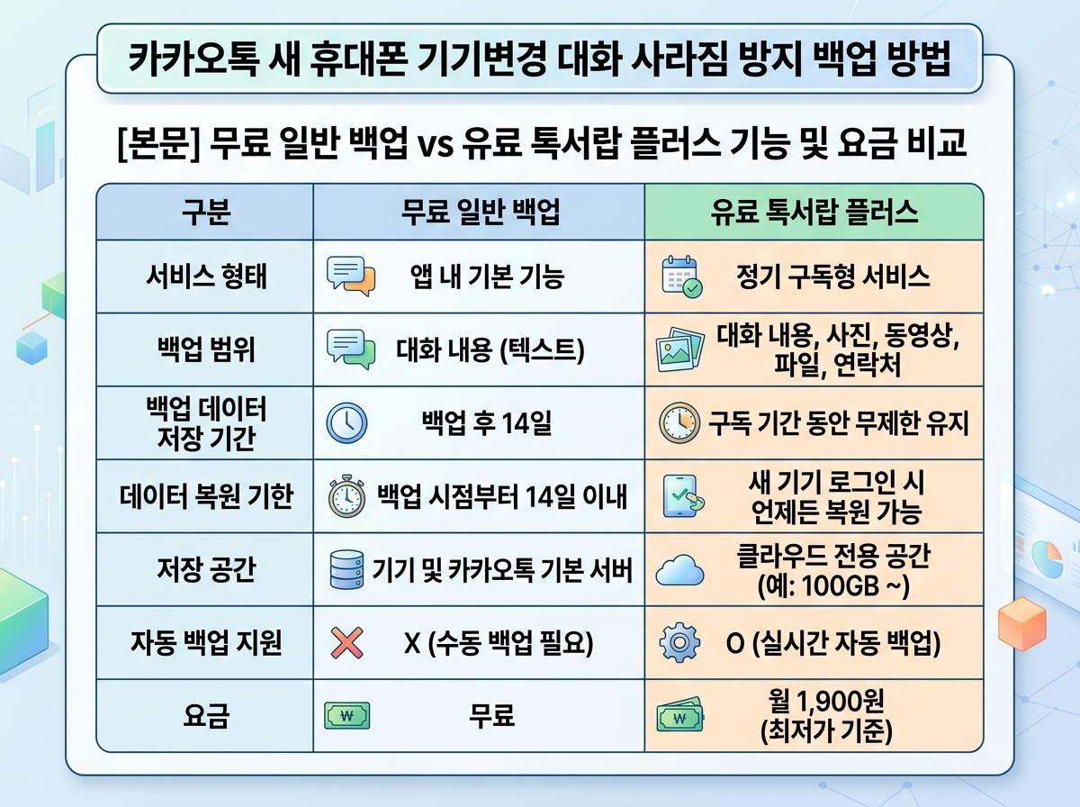 무료 일반 백업 vs 유료 톡서랍 플러스 기능 및 요금 비교 설명 이미지