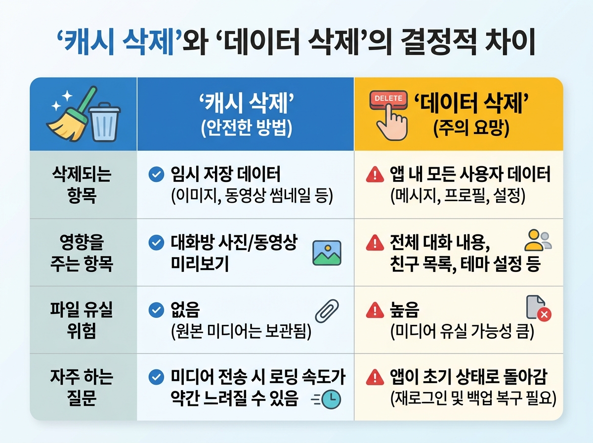 '캐시 삭제'와 '데이터 삭제'의 결정적 차이 설명 이미지