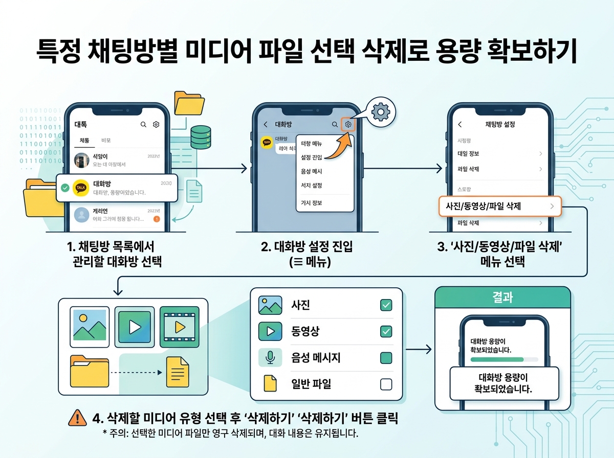 특정 채팅방별 미디어 파일 선택 삭제로 용량 확보하기 설명 이미지