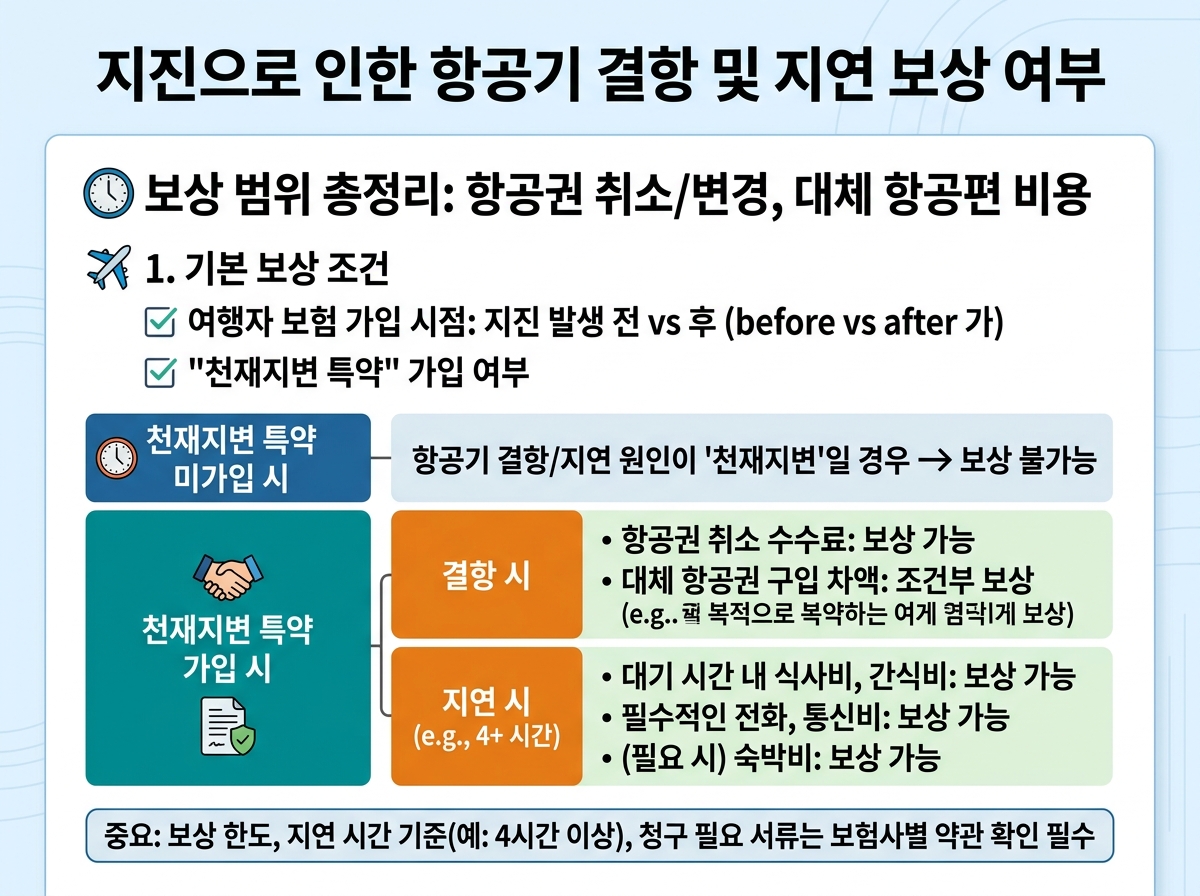 지진으로 인한 항공기 결항 및 지연 보상 여부 설명 이미지