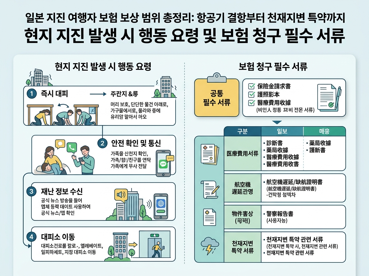 현지 지진 발생 시 행동 요령 및 보험 청구 필수 서류 설명 이미지