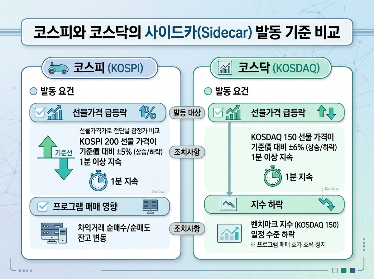 코스피와 코스닥의 사이드카 발동 기준 설명 이미지