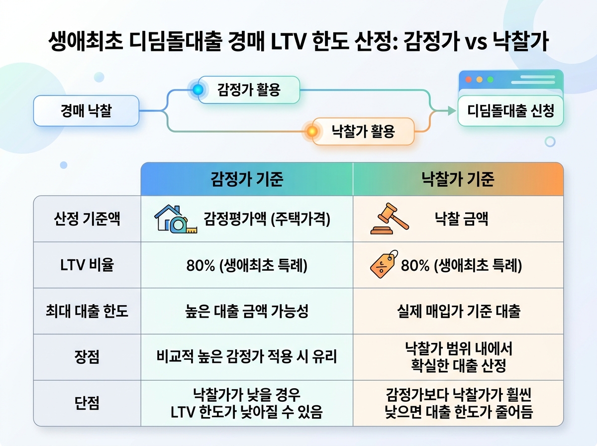 생애최초 디딤돌대출 경매 LTV 한도 산정: 감정가 vs 낙찰가 설명 이미지
