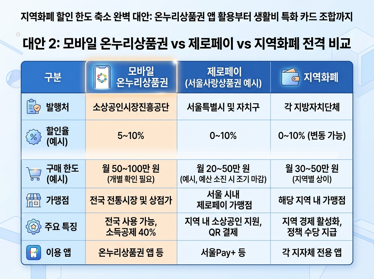 대안 2: 모바일 온누리상품권 vs 제로페이 vs 지역화폐 전격 비교 설명 이미지