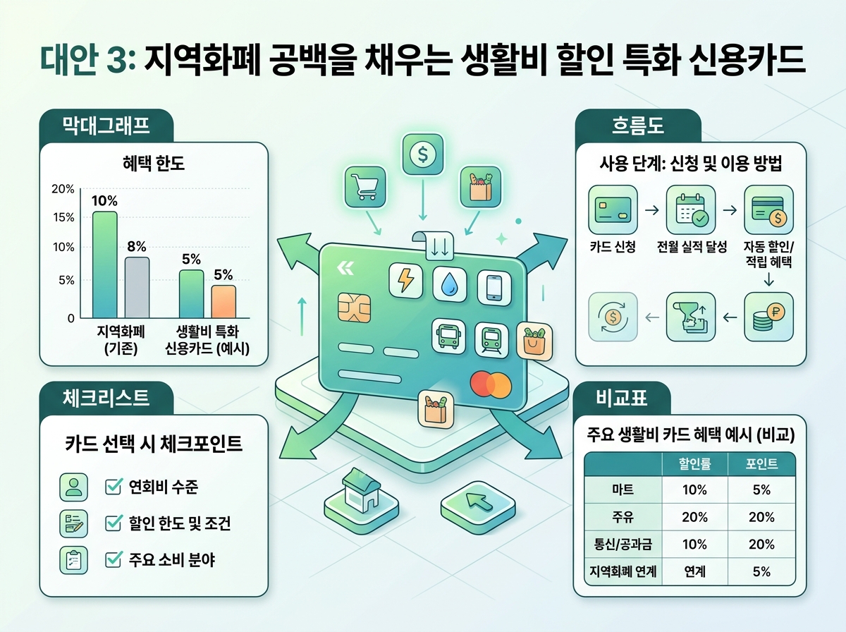 대안 3: 지역화폐 공백을 채우는 생활비 할인 특화 신용카드 설명 이미지