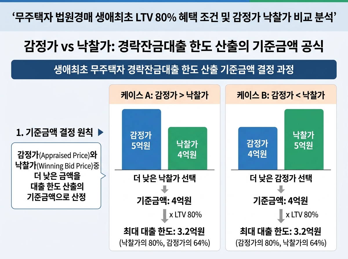 감정가 vs 낙찰가: 경락잔금대출 한도 산출의 기준금액 공식 설명 이미지