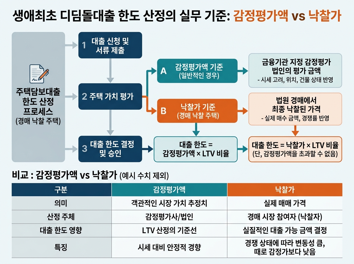 감정평가액 vs 낙찰가: 생애최초 디딤돌대출 한도 산정의 실무 기준 설명 이미지