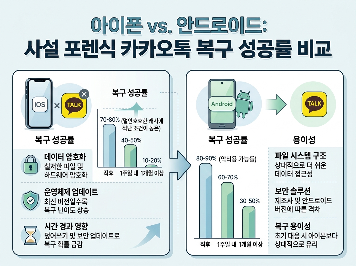 아이폰과 안드로이드의 사설 포렌식 복구 성공률 차이 설명 이미지