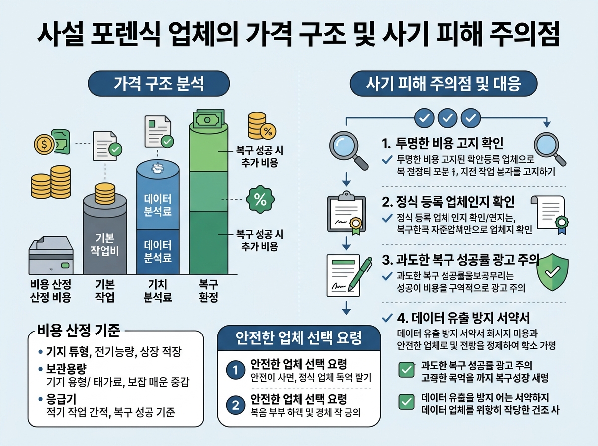 사설 포렌식 업체의 가격 구조 및 사기 피해 주의점 설명 이미지
