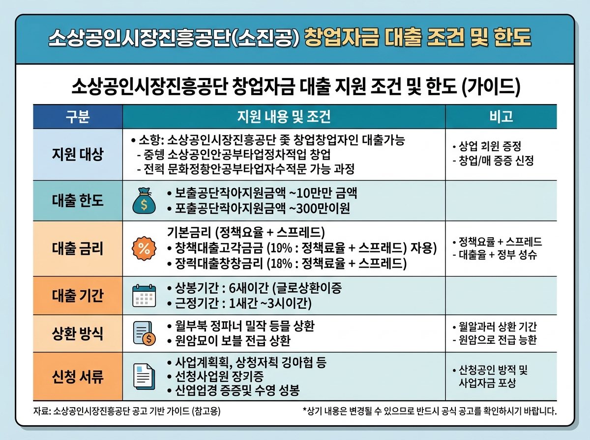 소상공인시장진흥공단(소진공) 창업자금 대출 조건 및 한도 설명 이미지