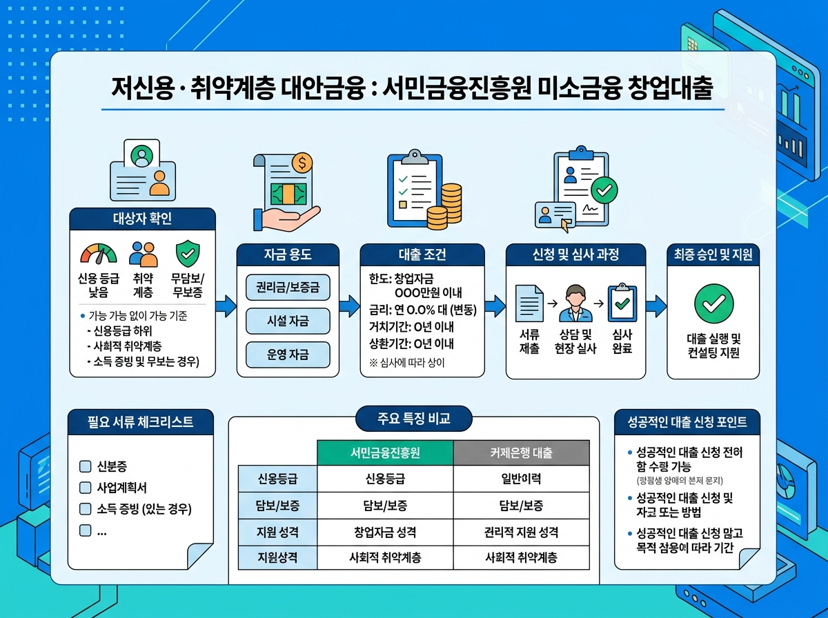 저신용·취약계층을 위한 대안금융: 서민금융진흥원 미소금융 창업대출 설명 이미지