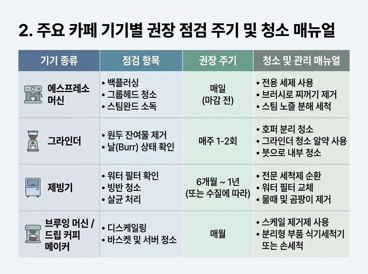 2. 주요 카페 기기별 권장 점검 주기와 청소 매뉴얼 설명 이미지