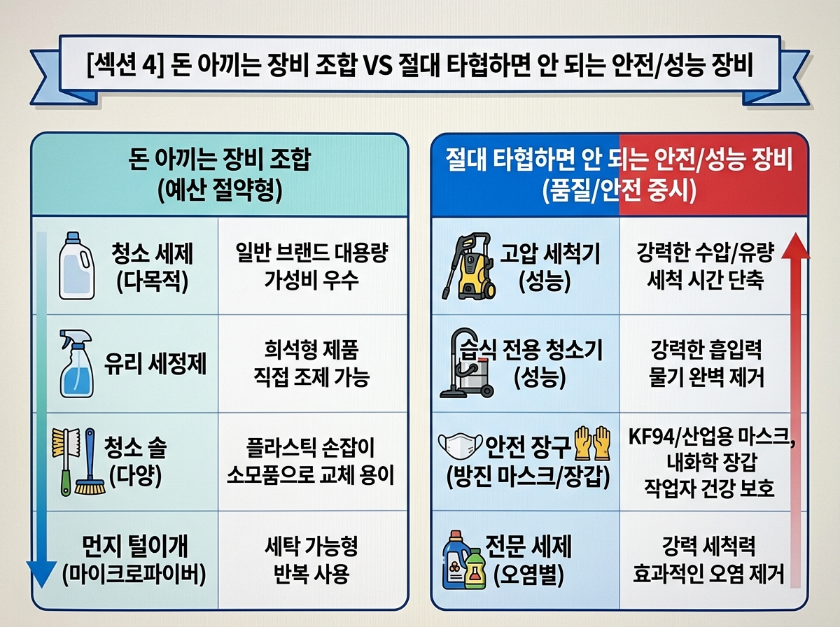 4. 돈 아끼는 장비 조합 vs 절대 타협하면 안 되는 안전/성능 장비 설명 이미지