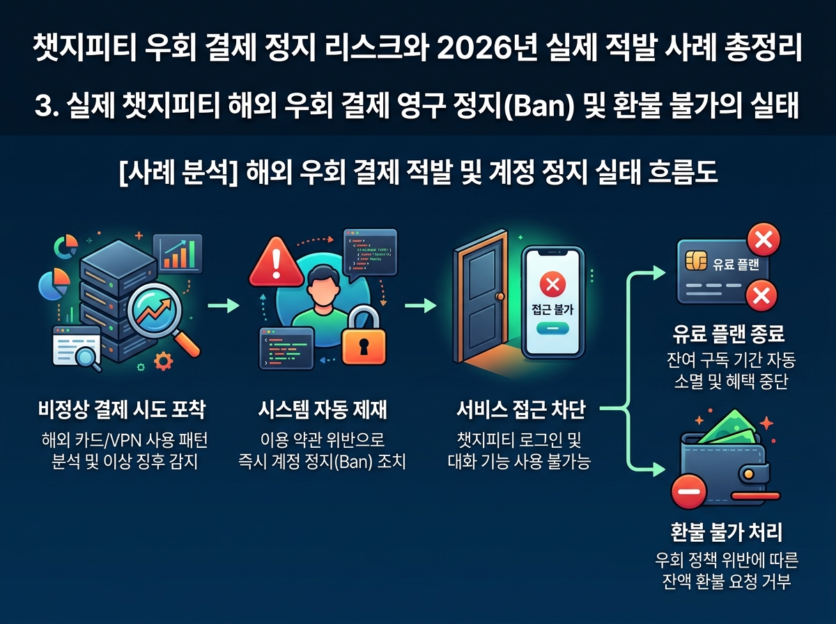 3. 실제 챗지피티 해외 우회 결제 영구 정지(Ban) 및 환불 불가의 실태 설명 이미지