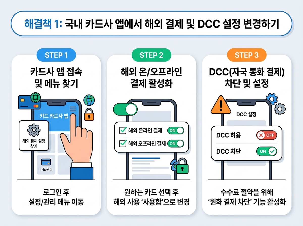 해결책 1: 국내 카드사 앱에서 해외 결제 및 DCC 설정 변경하기 설명 이미지