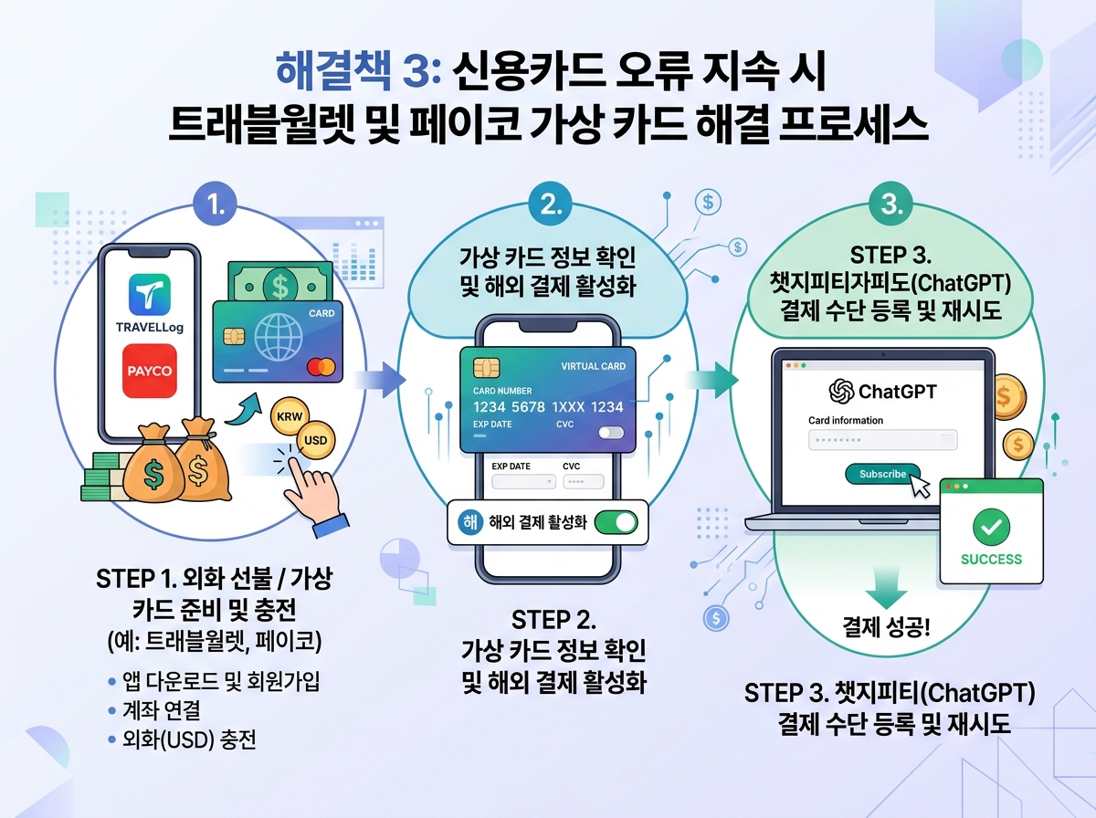 해결책 3: 신용카드 오류 지속 시 트래블월렛 및 페이코 가상 카드 해결 프로세스 설명 이미지