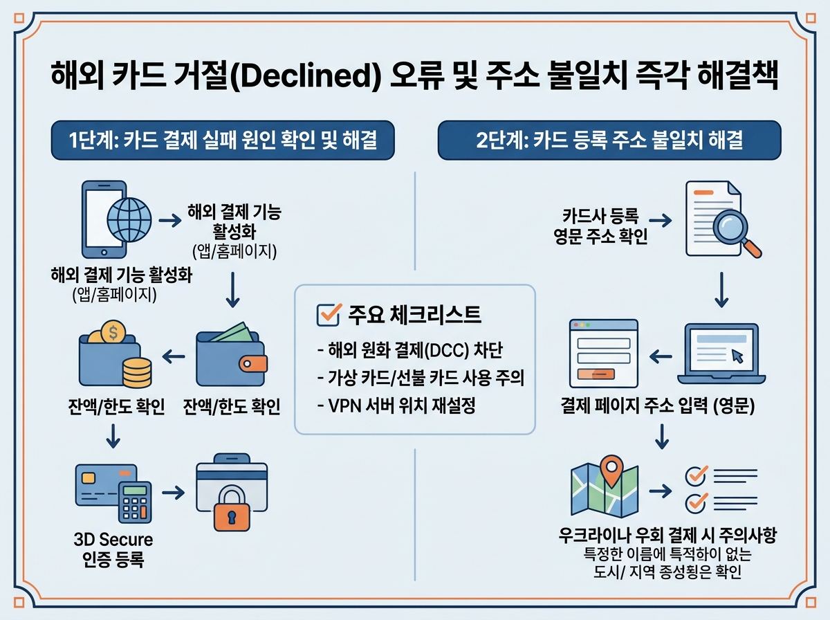 해외 카드 거절(Declined) 오류 및 주소 불일치 즉각 해결책 설명 이미지