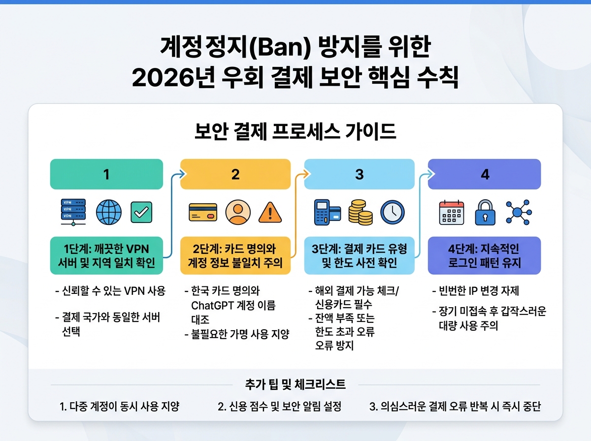 계정 정지(Ban) 방지를 위한 2026년 우회 결제 보안 핵심 수칙 설명 이미지