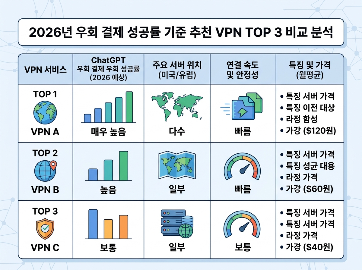 2026년 우회 결제 성공률 기준 추천 VPN TOP 3 비교 분석 설명 이미지