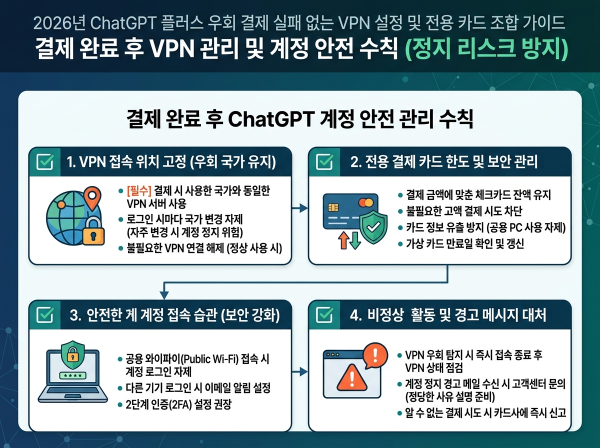 결제 완료 후 VPN 관리 및 계정 안전 수칙 (정지 리스크 방지) 설명 이미지