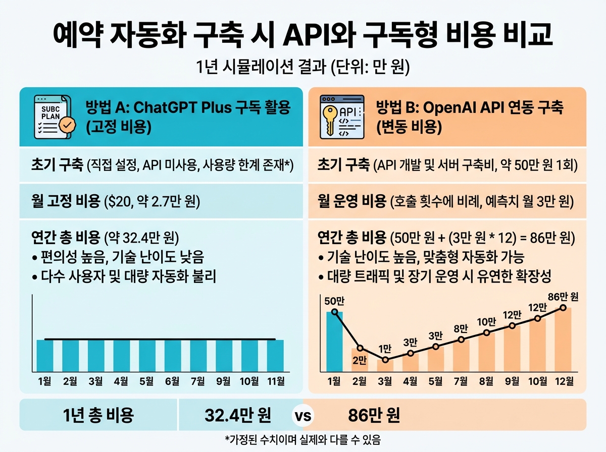 3. 실무 시뮬레이션: 예약 자동화 구축 시 API와 구독형 비용 비교 설명 이미지