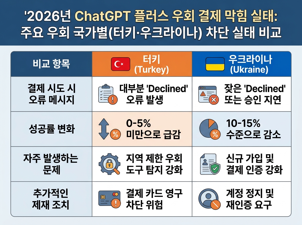 주요 우회 국가별(터키·우크라이나) 차단 실태 비교 설명 이미지