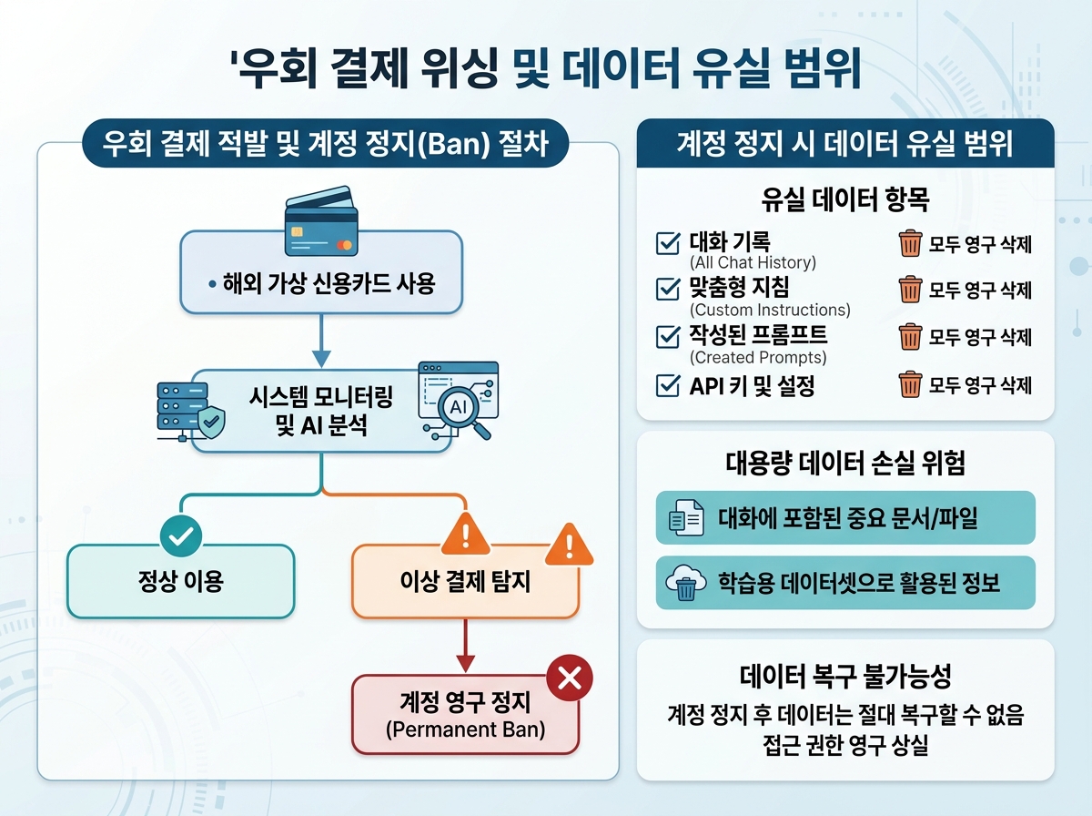 우회 결제 적발 시 계정 정지(Ban) 리스크와 데이터 유실 범위 설명 이미지