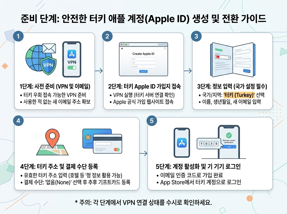 준비 단계: 안전한 해외(터키 등) 애플 ID 신규 생성 및 전환법 설명 이미지