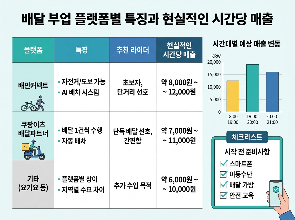 배달 부업 플랫폼별 특징과 현실적인 시간당 매출 설명 이미지