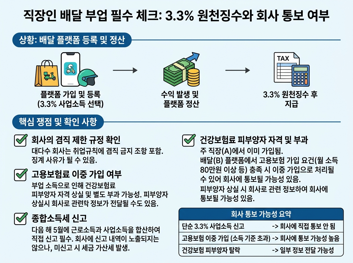 직장인 배달 부업 필수 체크: 3.3% 원천징수와 회사 통보 여부 설명 이미지