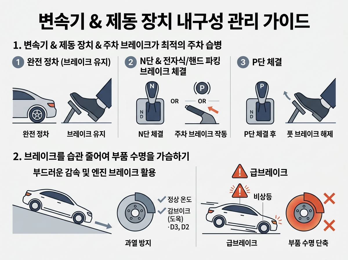 변속기와 제동 장치 내구성을 지키는 주행 및 주차 습관 설명 이미지
