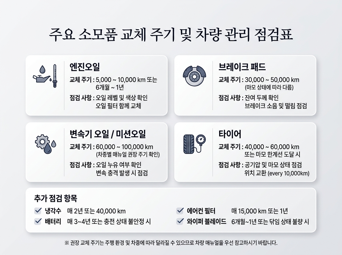 주요 소모품 교체 주기와 차량 수명을 갉아먹는 관리 실수 예방법 설명 이미지