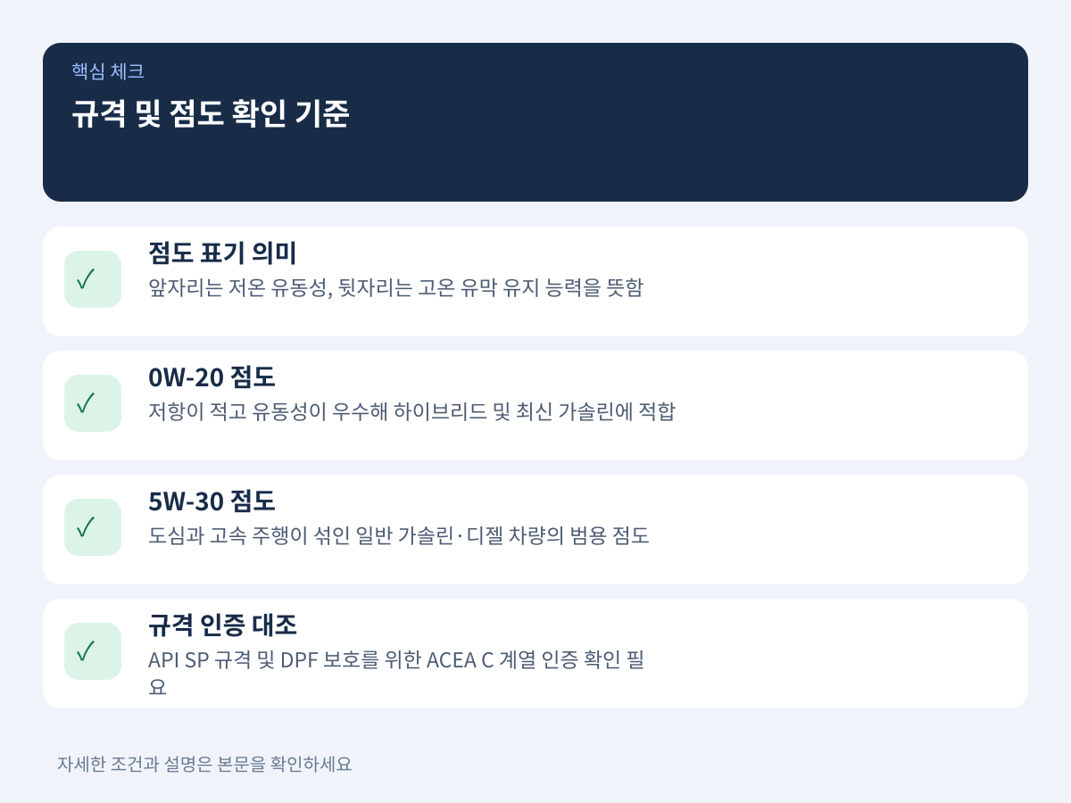규격 및 점도(API·ACEA·0W-20·5W-30) 확인 기준 설명 이미지
