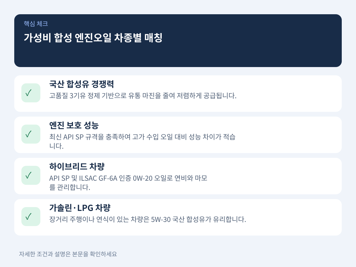 대표 가성비 합성 엔진오일 제품군 특성 및 차종별 매칭 설명 이미지