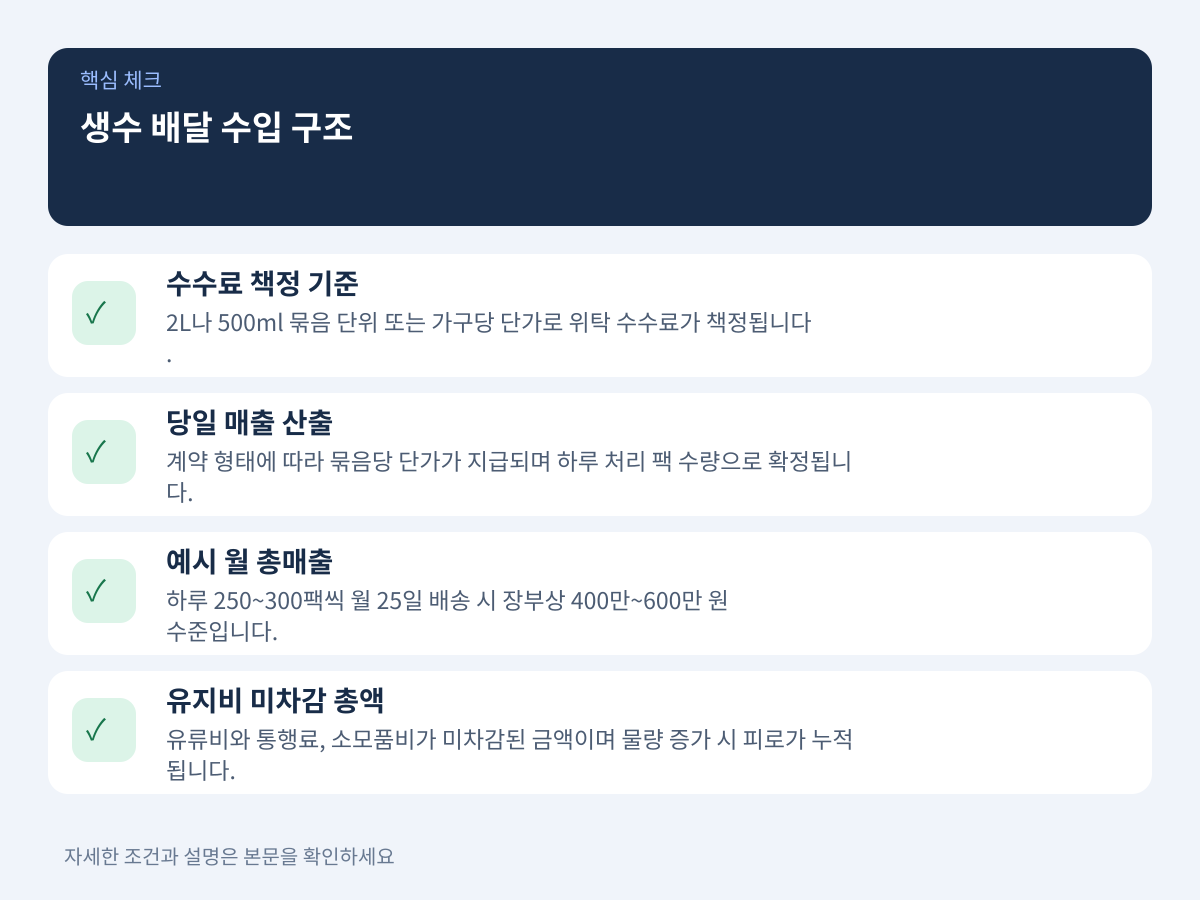 생수 배달 수입 구조: 건당 수수료와 월 총매출 산출 설명 이미지